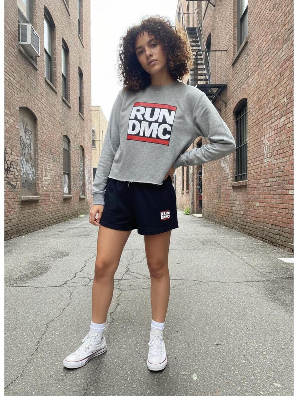 RUN DMC Grey Cropped Sweatshirt Black Shorts Set Streetwear